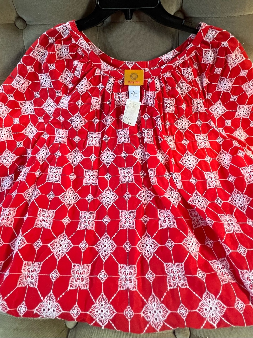 Ruby Rd. Red Blouse with White Embroidered Lattice